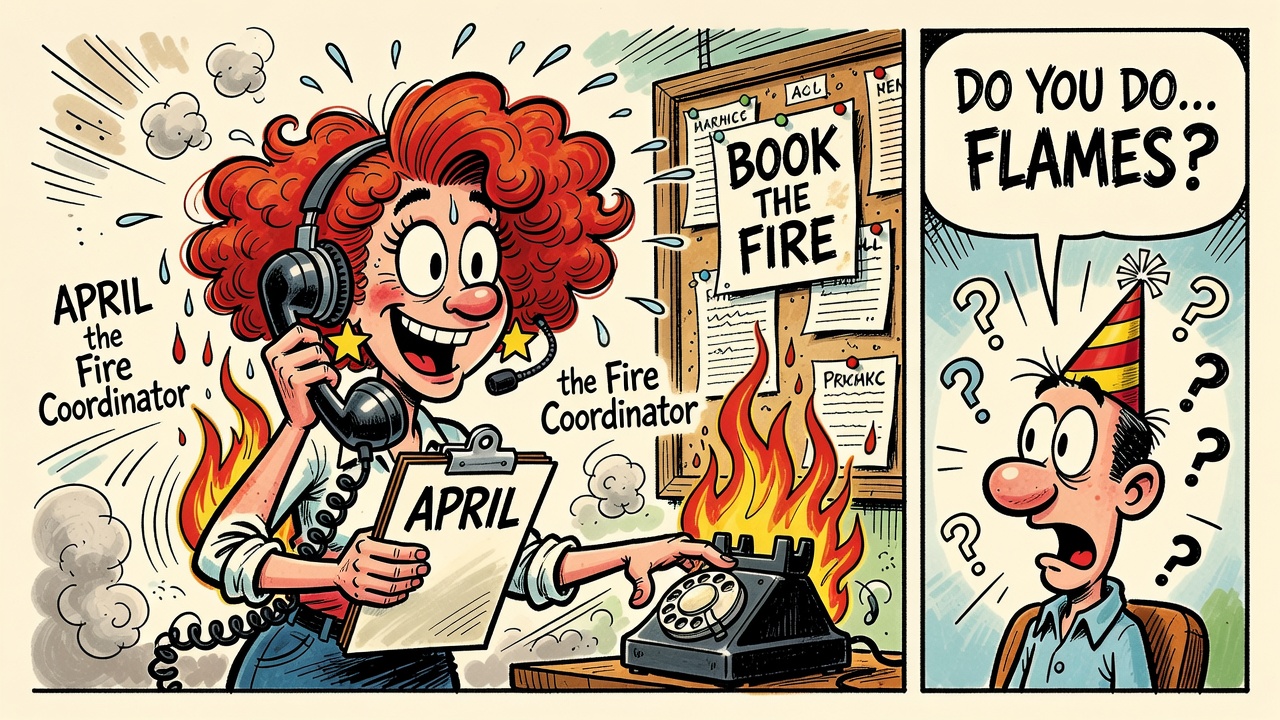 Cartoon: April the Fire Coordinator answers a telephone with a burning cord while a confused client in a party hat asks 'DO YOU DO... FLAMES?'