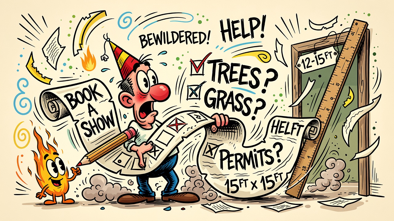 Cartoon: a client wrestles an impossibly long booking questionnaire with checkboxes for trees, grass, and permits while a tiny flame holds a pencil.