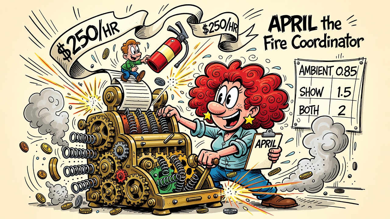 Cartoon: April cranks a giant brass adding machine that prints $250/HR while a chart lists the show multipliers.