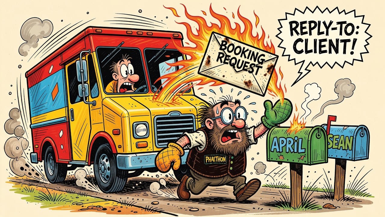 Cartoon: a mail truck delivers a giant flaming envelope stamped BOOKING REQUEST into mailboxes labeled April and Sean.