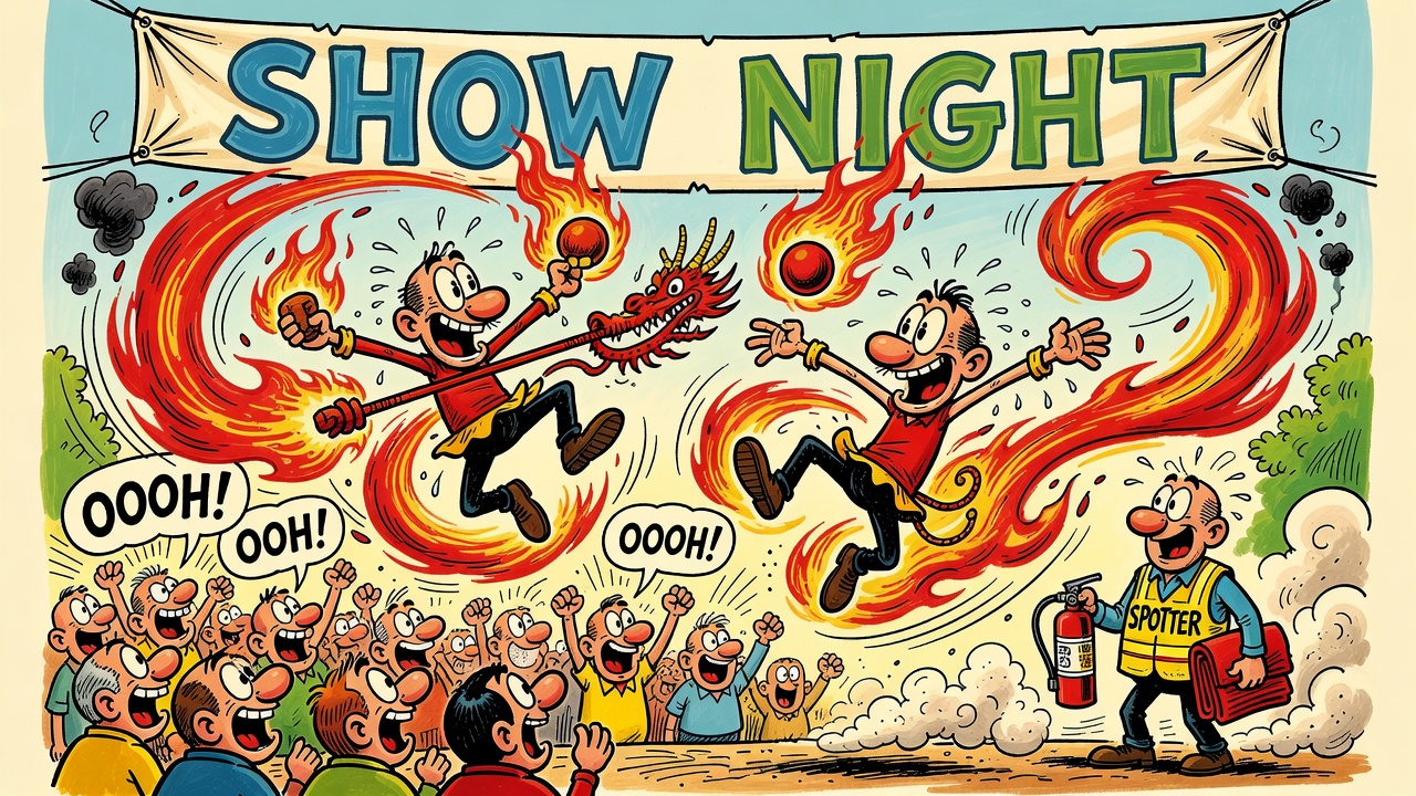 Cartoon: fire performers spin flaming poi and dragon staff before a delighted crowd while a spotter stands by with an extinguisher.