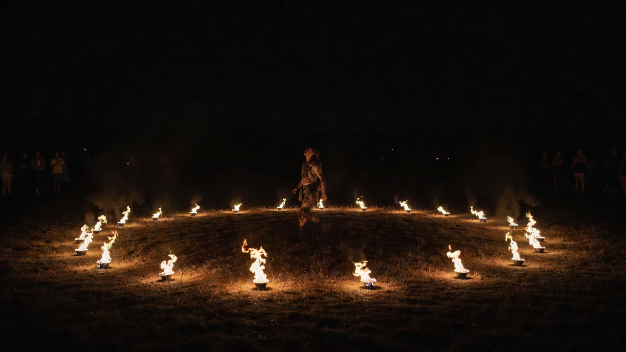 A performer walks a wide performance circle marked by small ground torches, checking the open sky overhead.
