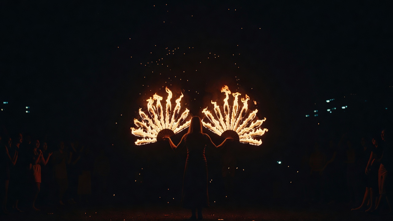 A fire dancer stands in blackness holding two lit fire fans spread wide, embers drifting upward.