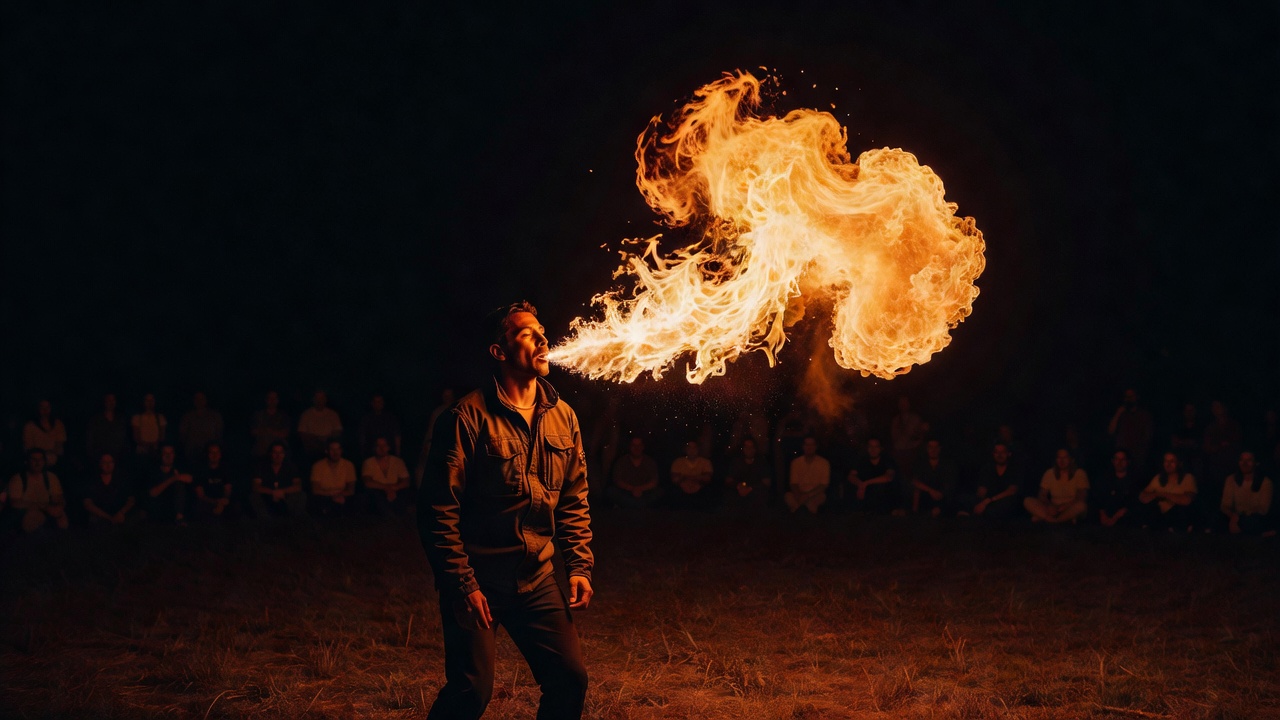A fire breather exhales an enormous rolling plume of flame into the night, a faint ring of audience at the edge of the glow.